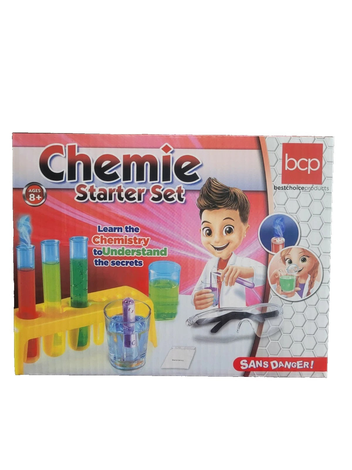 Box of a chemistry starter set with colorful elements and text on a white background