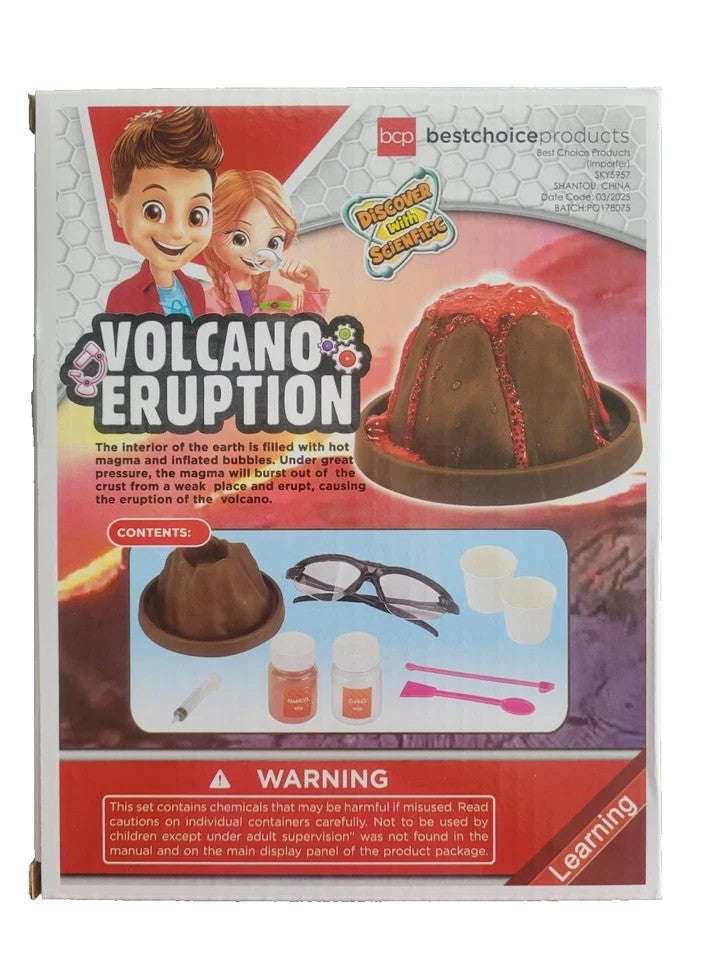 Box of a volcano eruption kit with cartoon characters and product details.