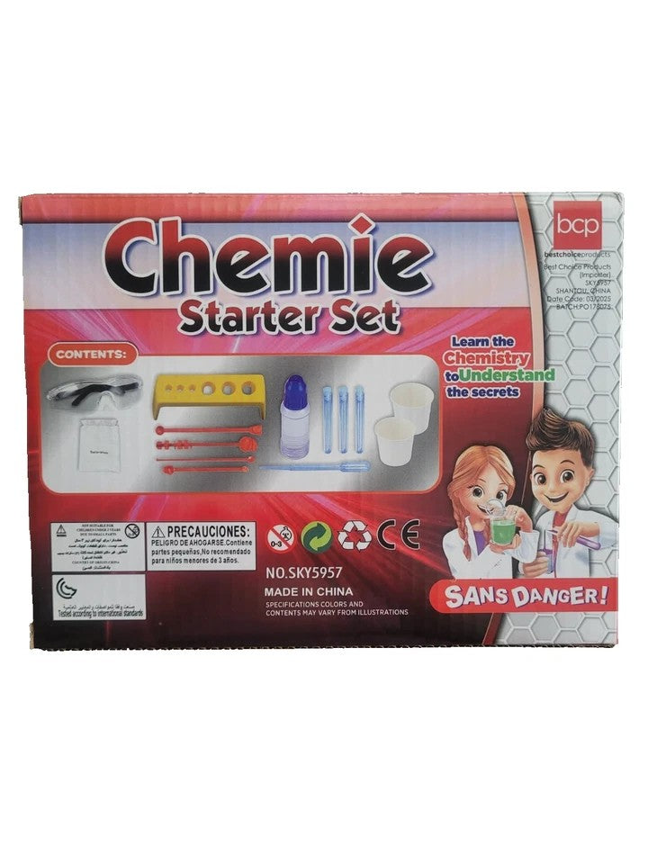 Box of a Chemie Starter Set with images of children and laboratory equipment on a white background.