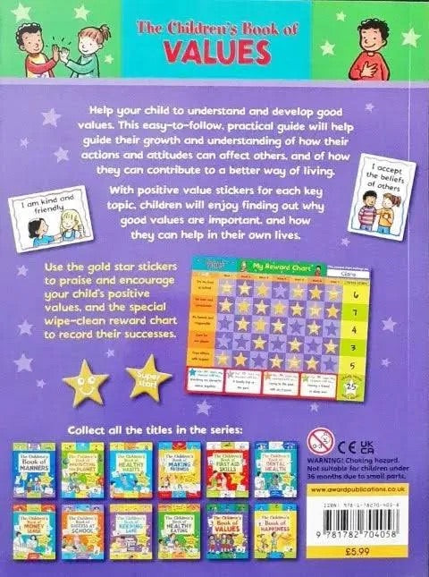 Back cover of a children's book about values with star stickers and reward chart.