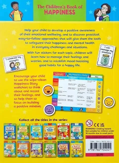 Back cover of 'The Children's Book of Happiness' with colorful illustrations and text.