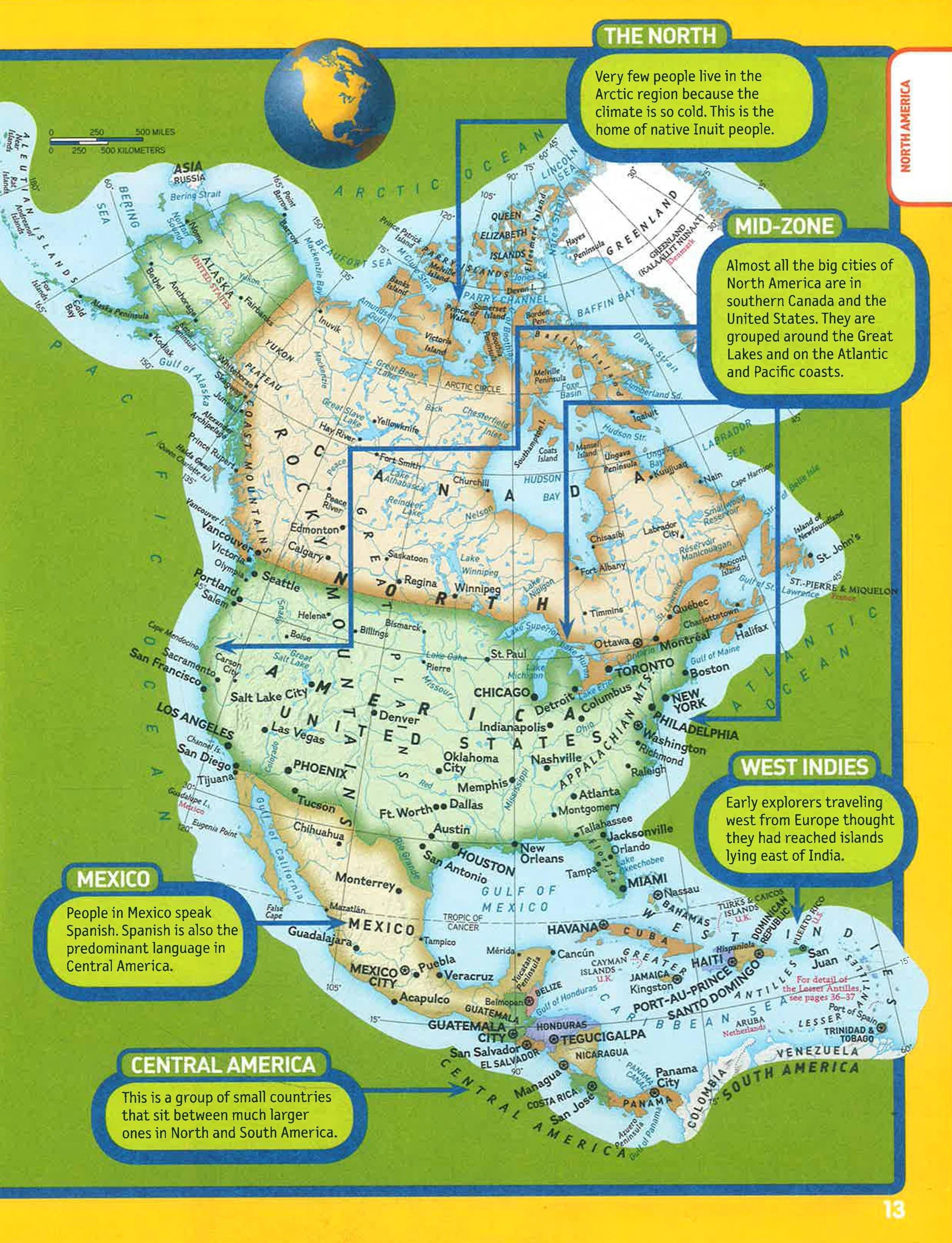 Map of North America with labeled regions on a yellow background