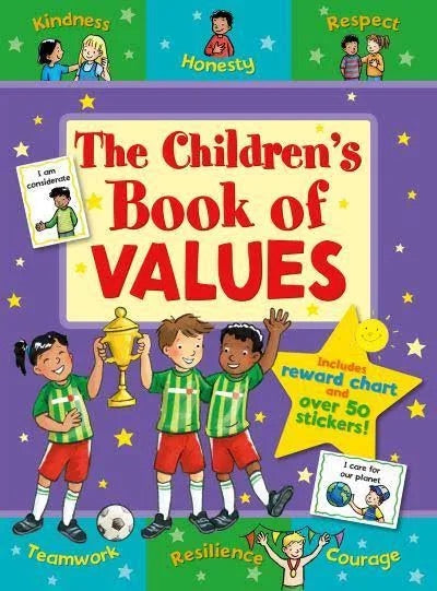 Children's book cover with illustrations of children and values, including Kindness, Respect, Honesty, Teamwork, Resilience, and Courage.
