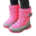 Pink snow boots with gray soles on a white background